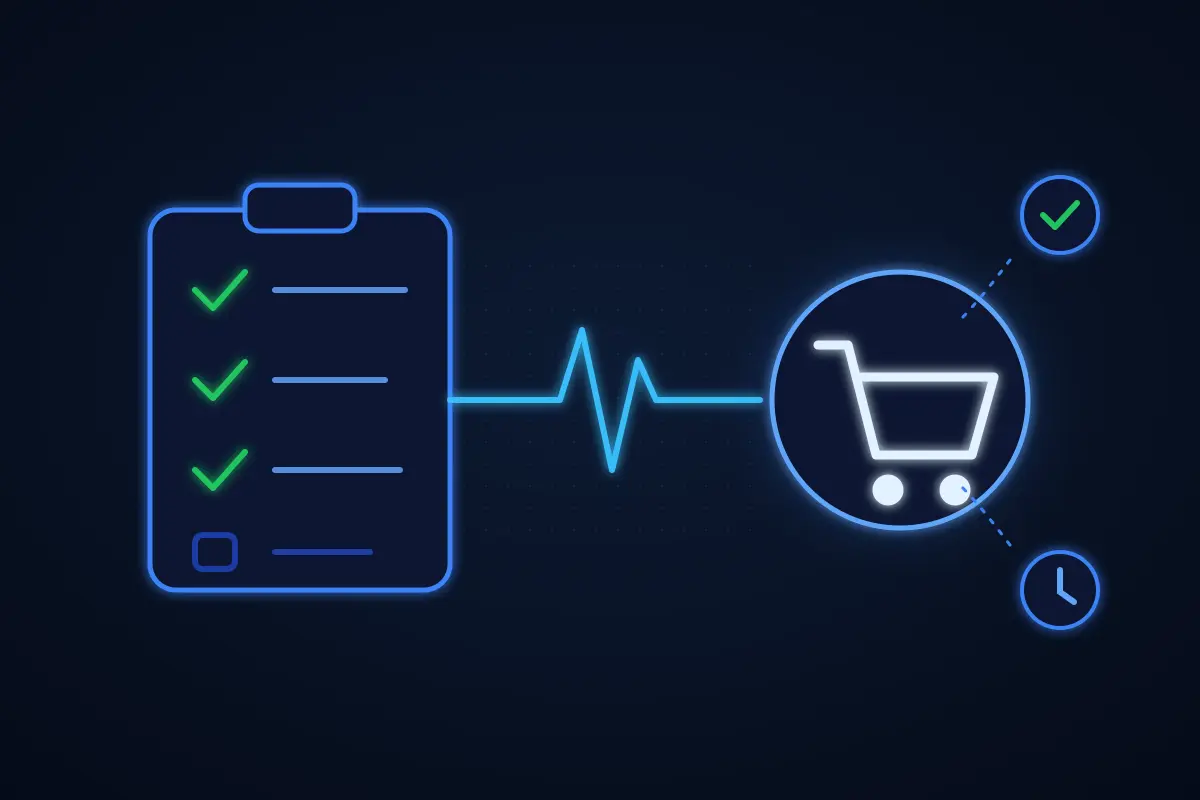 Checklist with green ticks linked by a heartbeat line to a shopping cart icon