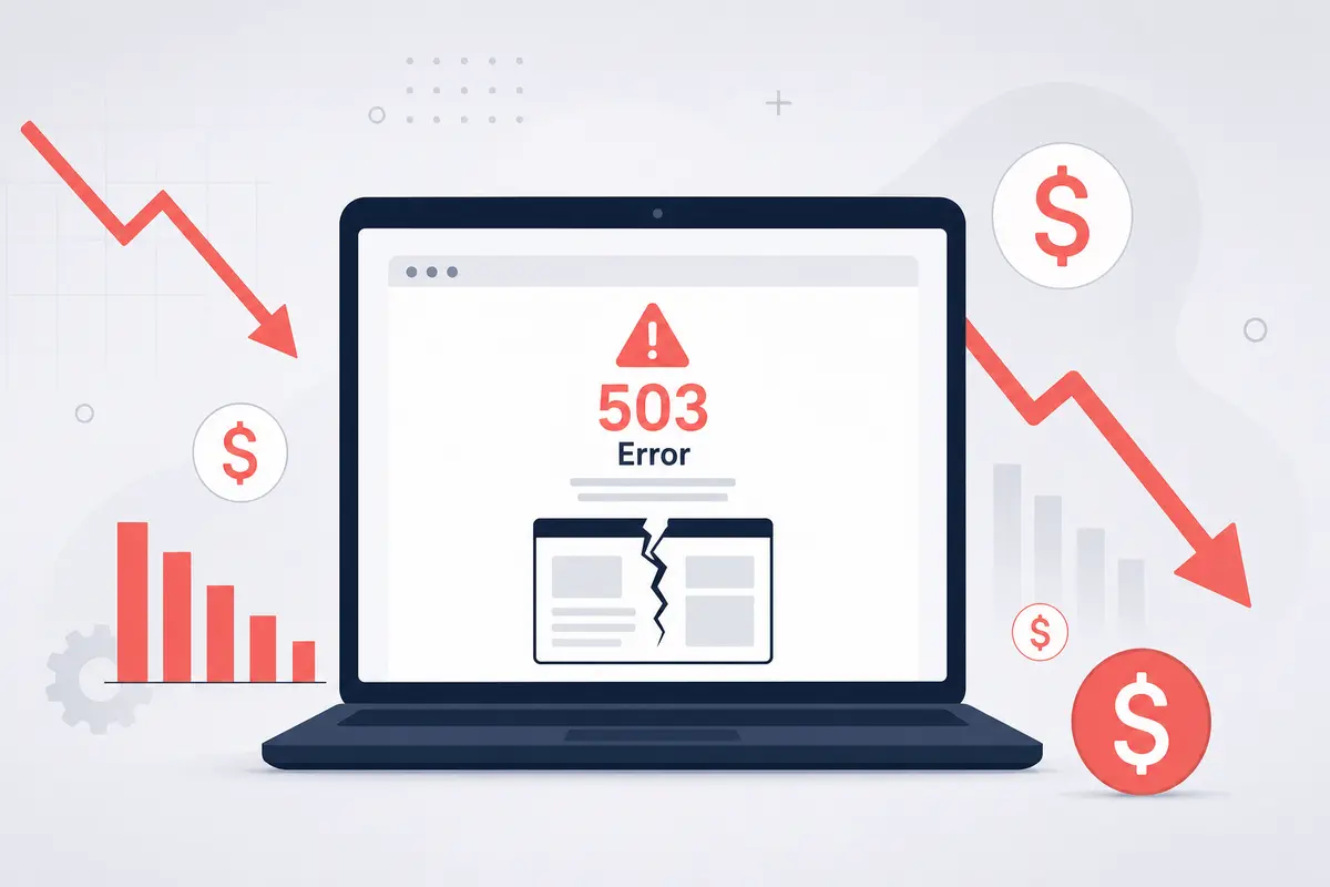 Broken website screen with dollar signs representing lost revenue from downtime