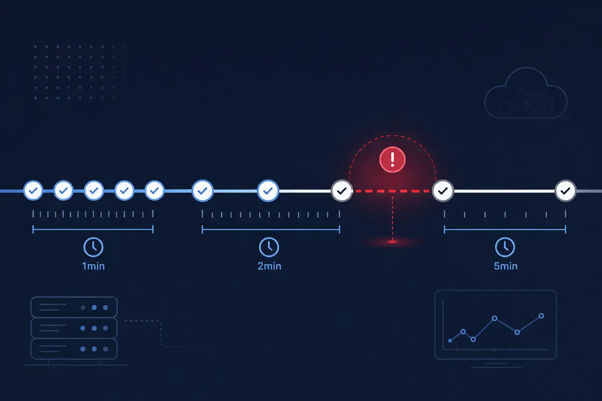 Timeline showing different check intervals detecting the same outage at different speeds