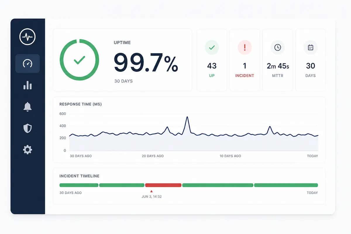 Dashboard showing uptime percentage, response time chart, and incident timeline